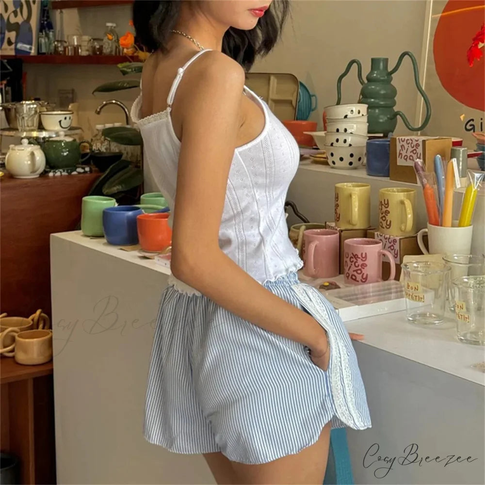 Spliced Streaked Stretchy Waist Short white / S short-250223