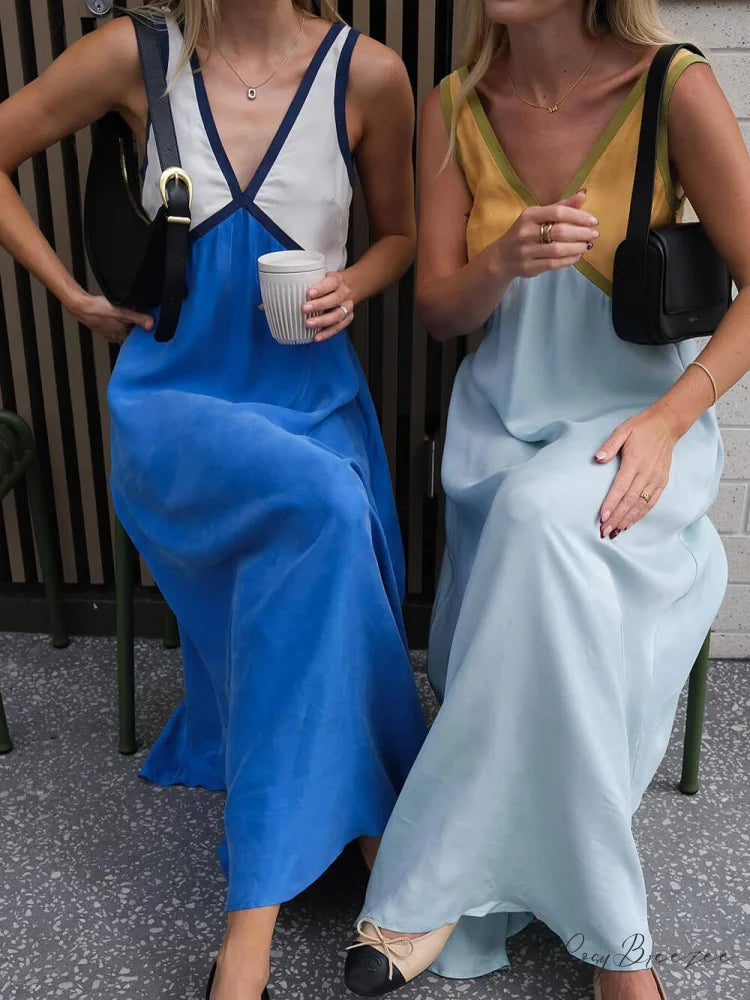 Splicing Chic V-neck Charming Contrasting Color Dress