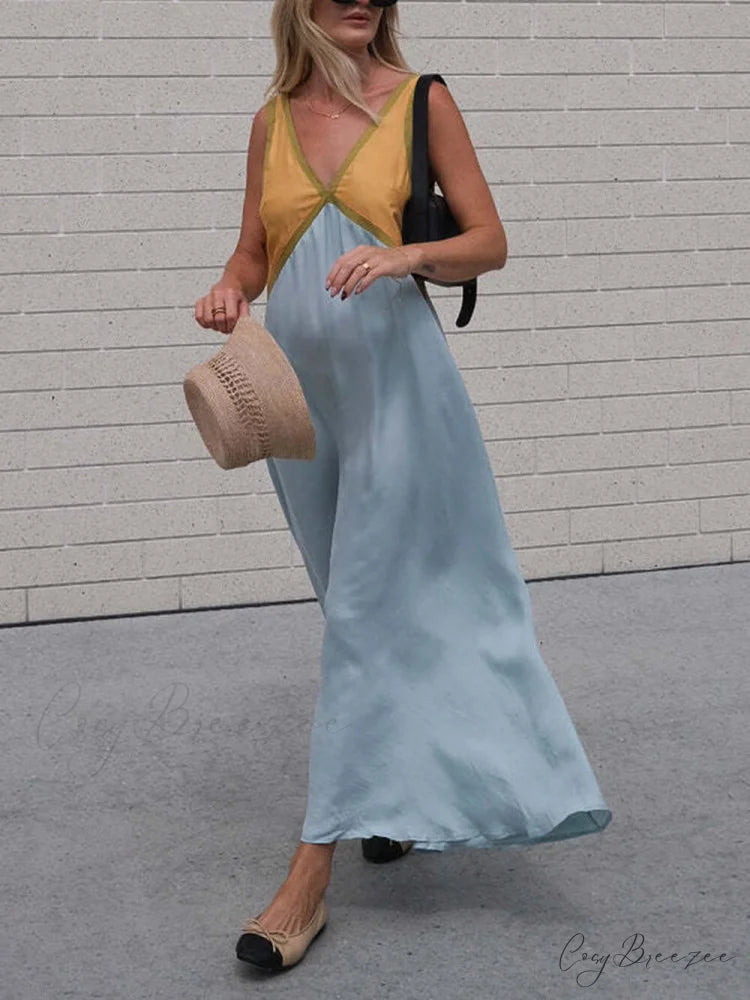 Splicing Chic V-neck Charming Contrasting Color Dress