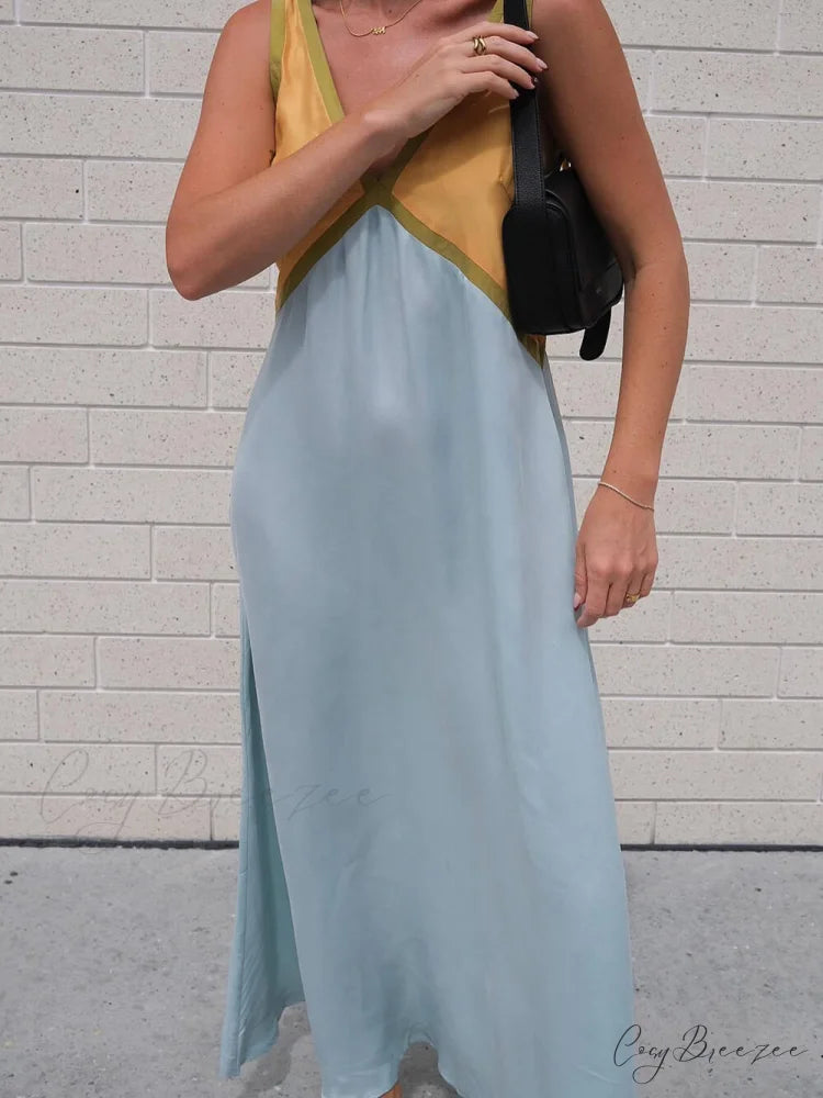 Splicing Chic V-neck Charming Contrasting Color Dress