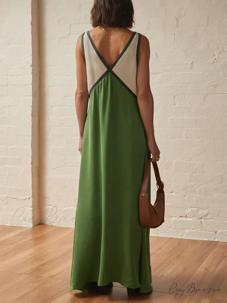 Splicing Chic V-neck Charming Contrasting Color Dress