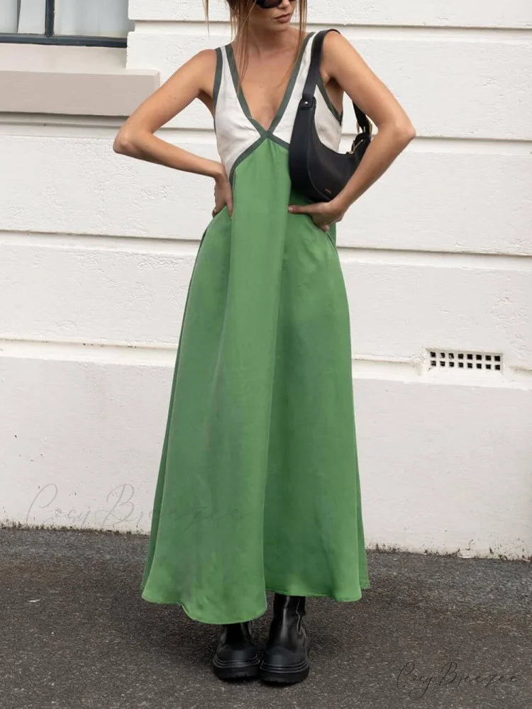 Splicing Chic V-neck Charming Contrasting Color Dress