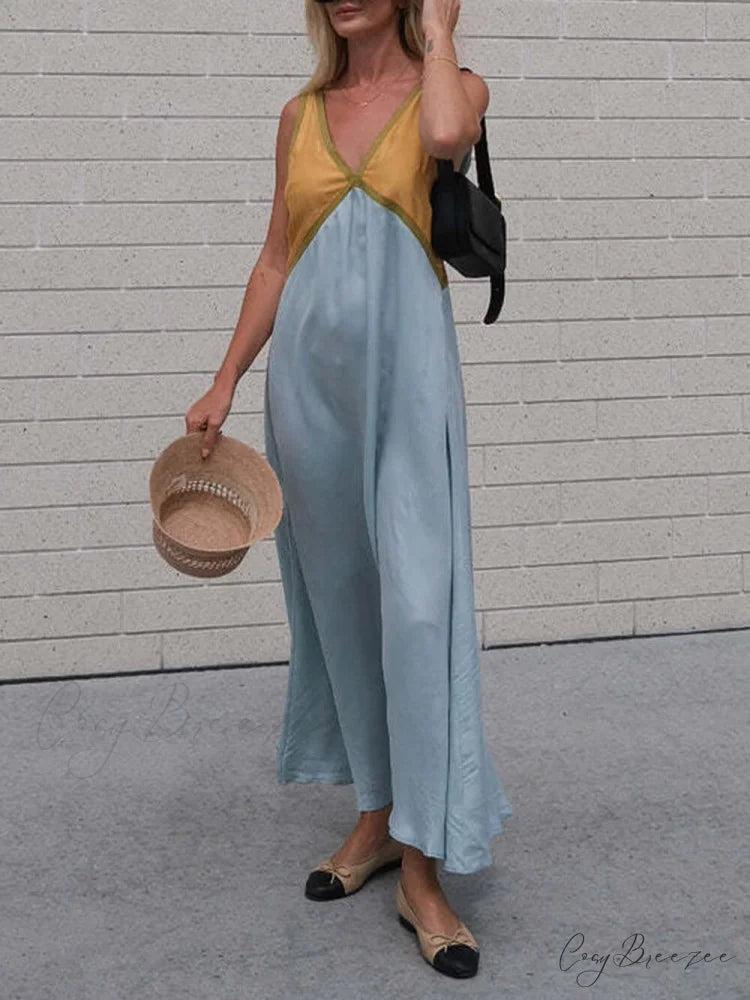 Splicing Chic V-neck Charming Contrasting Color Dress Yellow / S