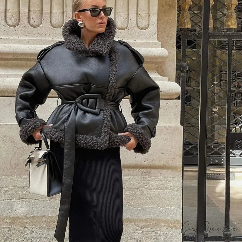 Splicing Thicken Warm Leather Coat black Short / S coats-241228