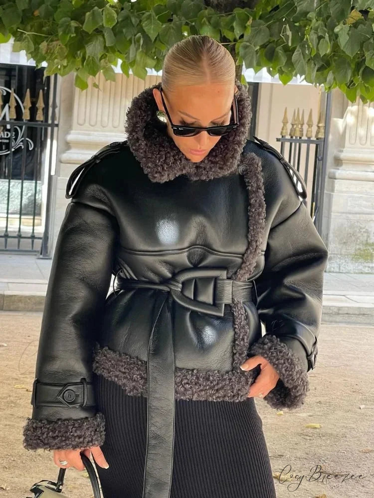 Splicing Thicken Warm Leather Coat coats-241228