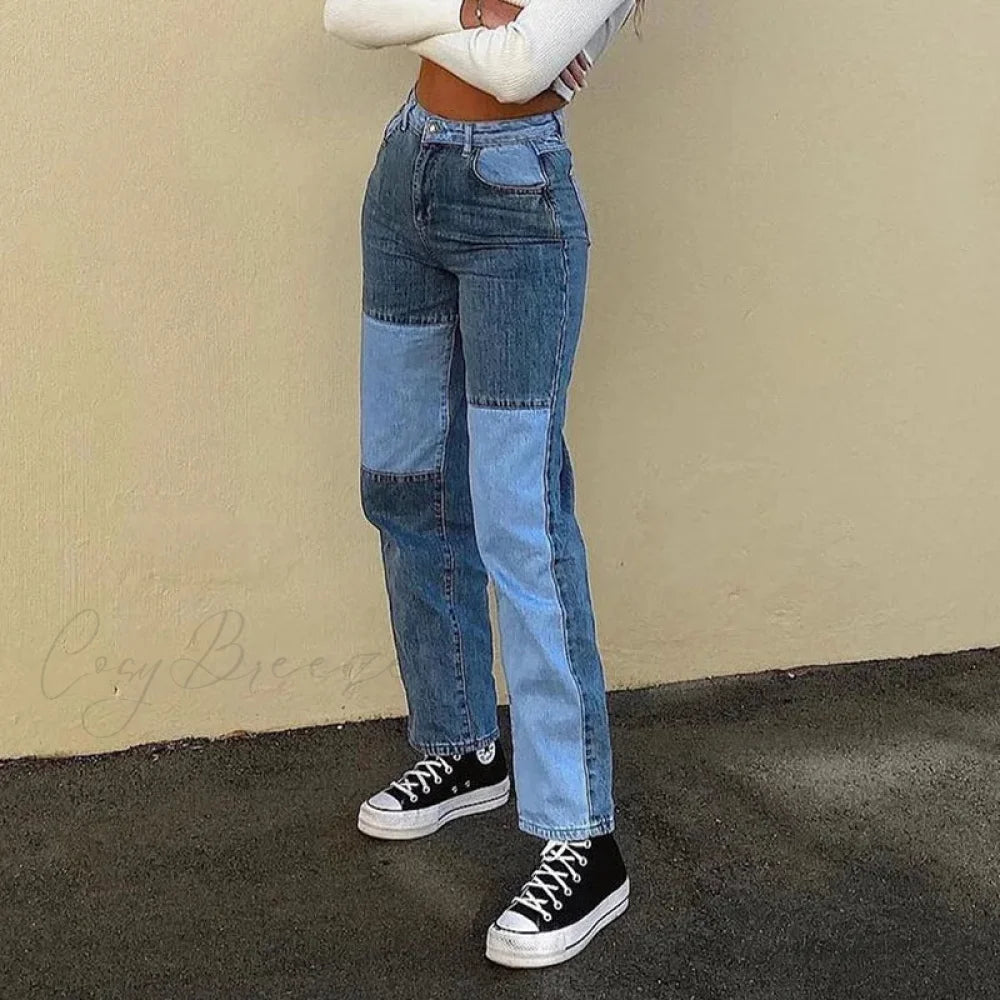 Splicing Thin Casual Straight Hip-Hop Street Denim Jean Blue / XS