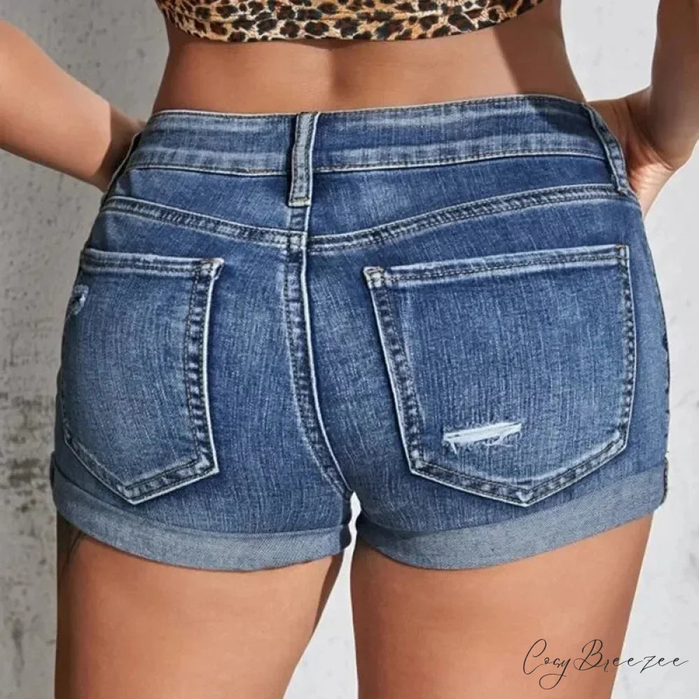 Split Denim Curled Cuff Shorts short-250223