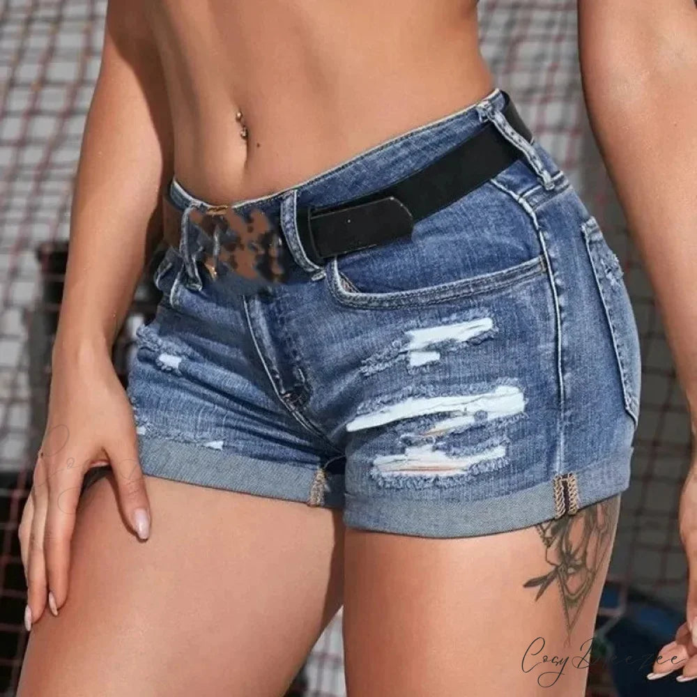 Split Denim Curled Cuff Shorts short-250223