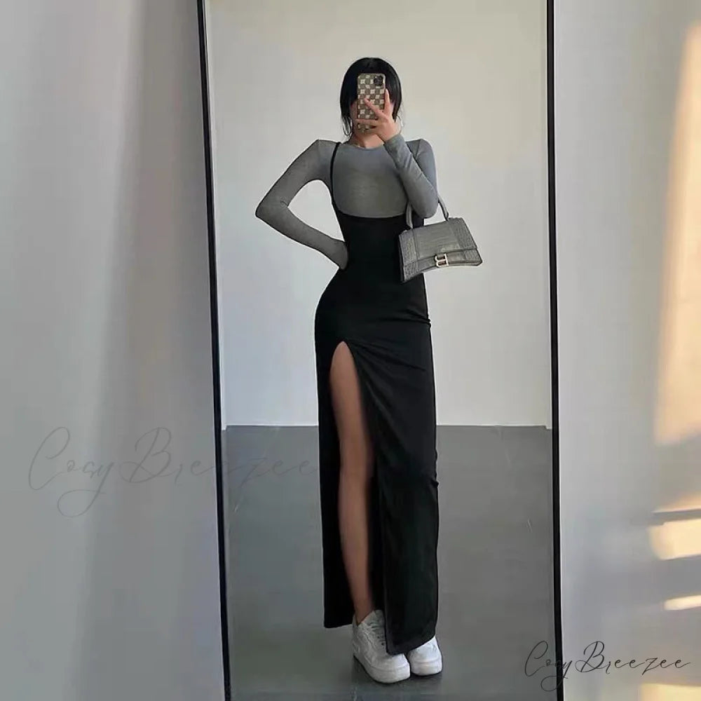Split Gown Slim Set Women Piece Two T-Shirt Set Design Suit Long Arm Y2K