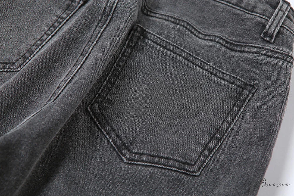 Split Grey Up Denim Trousers Style Stacked Bodycon Streetwear Jeans Ruched Baddie Waist Zip Pants High Women