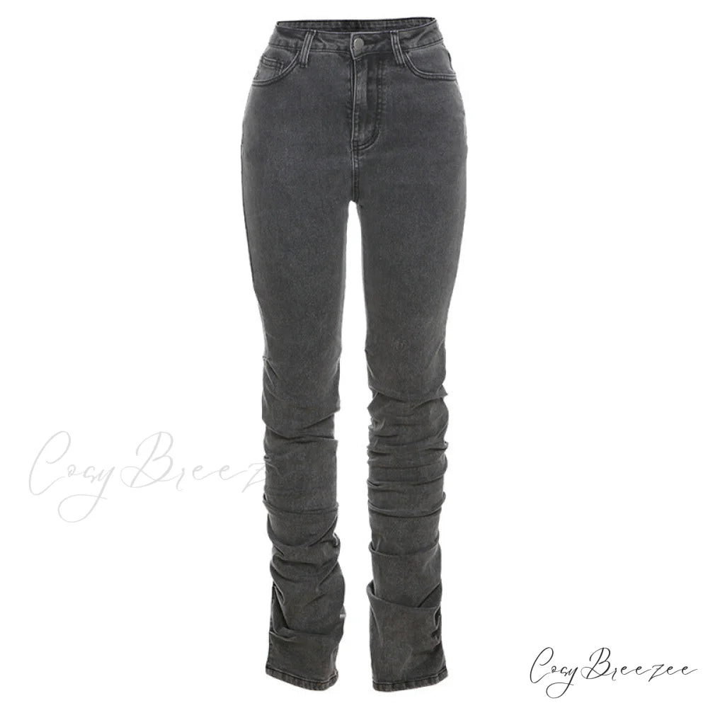 Split Grey Up Denim Trousers Style Stacked Bodycon Streetwear Jeans Ruched Baddie Waist Zip Pants High Women