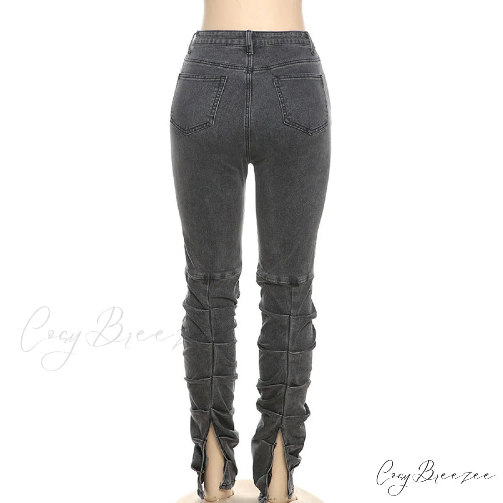 Split Grey Up Denim Trousers Style Stacked Bodycon Streetwear Jeans Ruched Baddie Waist Zip Pants High Women