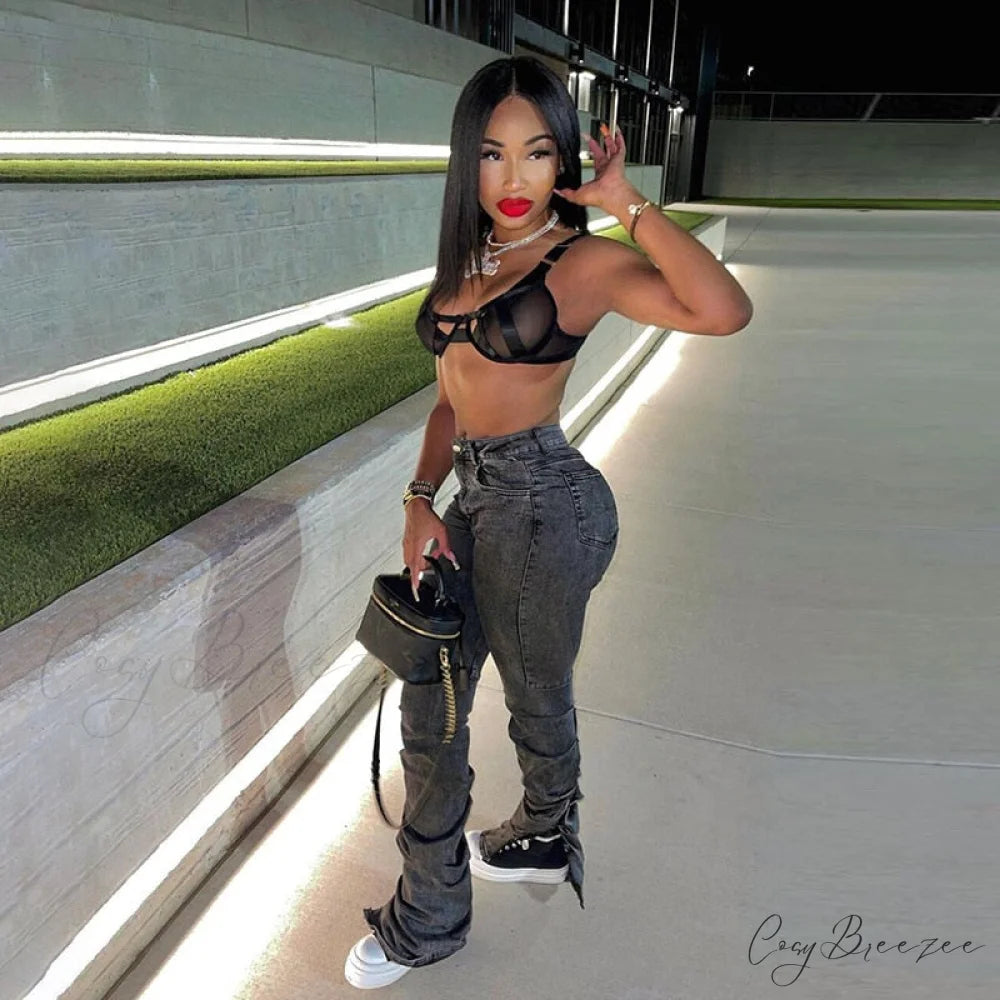 Split Grey Up Denim Trousers Style Stacked Bodycon Streetwear Jeans Ruched Baddie Waist Zip Pants High Women Grey / S