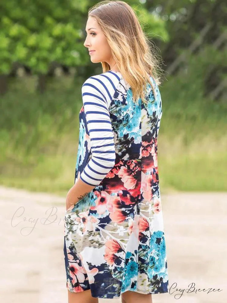 Split-joint Striped Mini Dress with Floral Design