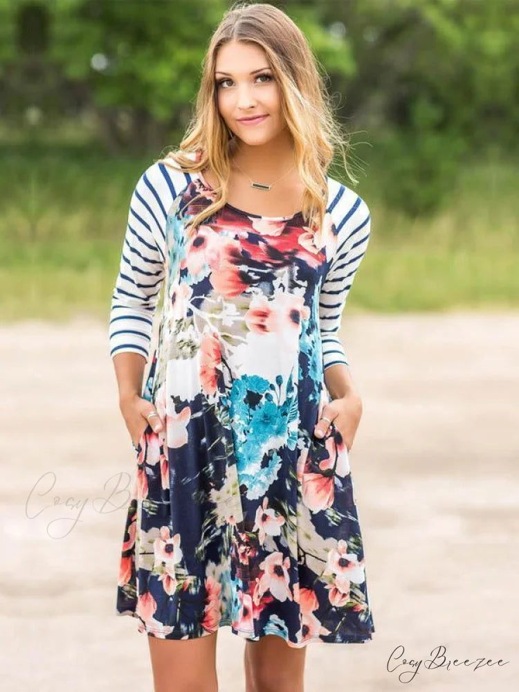 Split-joint Striped Mini Dress with Floral Design