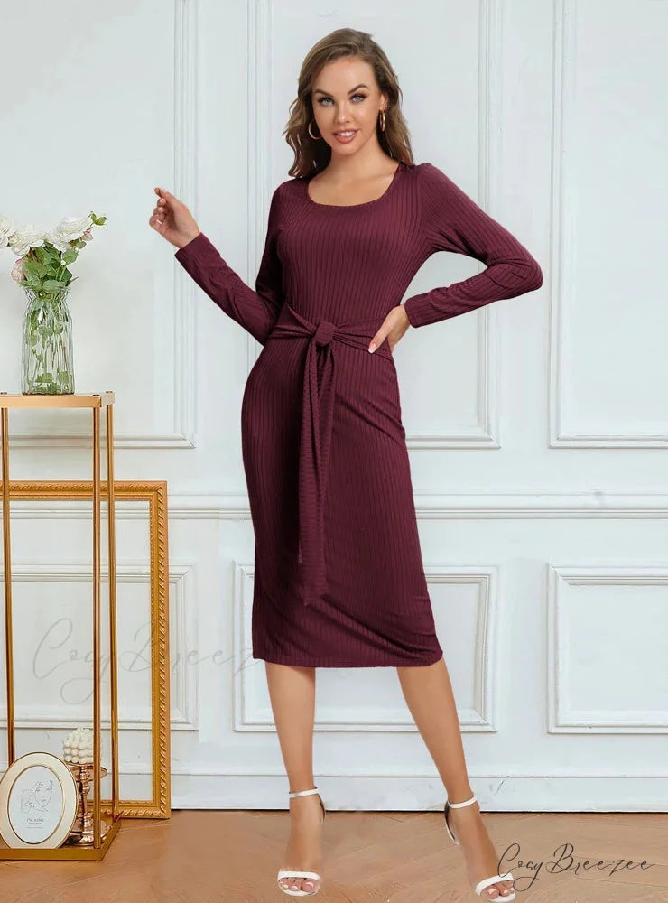 SPLIT PIT SOLID COLOR DRESS - LONG SLEEVED M / green