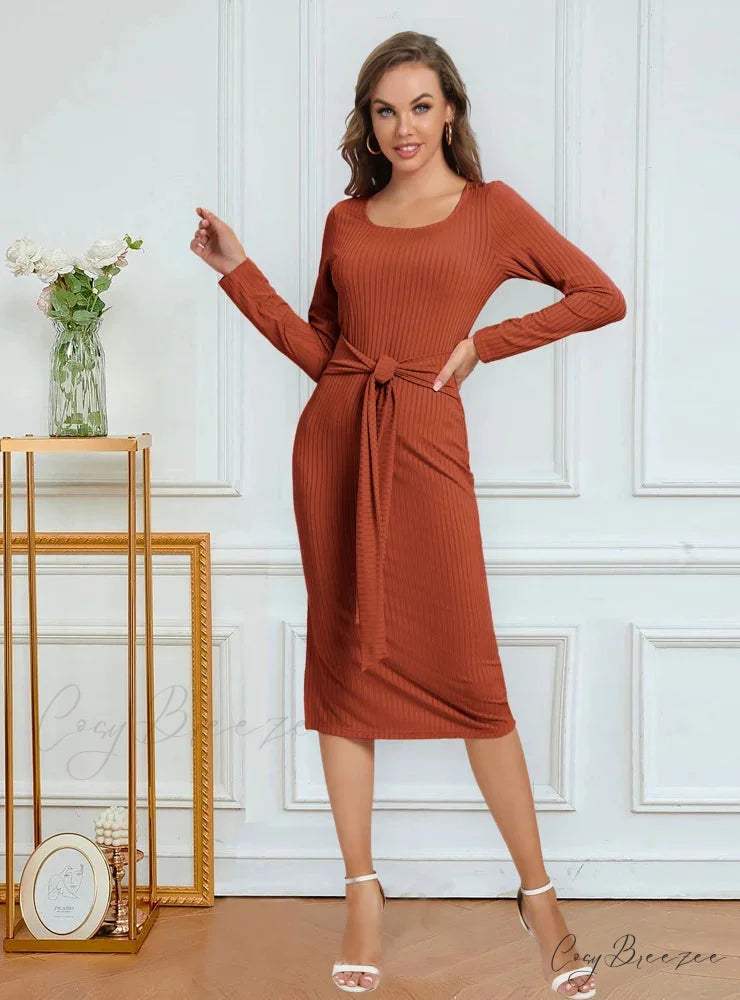 SPLIT PIT SOLID COLOR DRESS - LONG SLEEVED S / brown