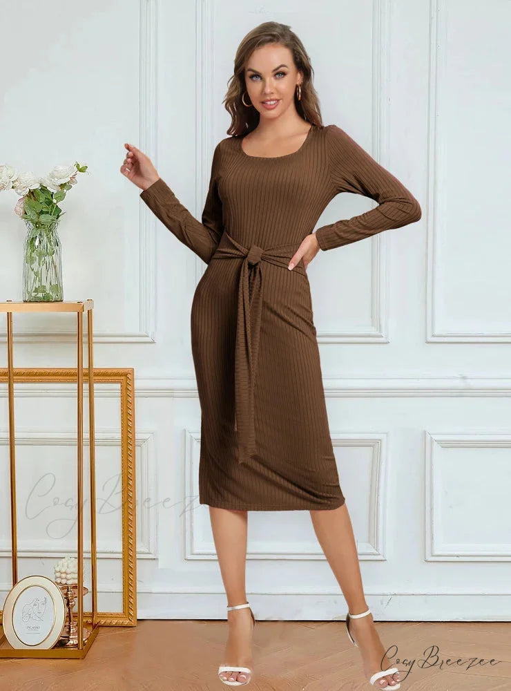SPLIT PIT SOLID COLOR DRESS - LONG SLEEVED S / caramel