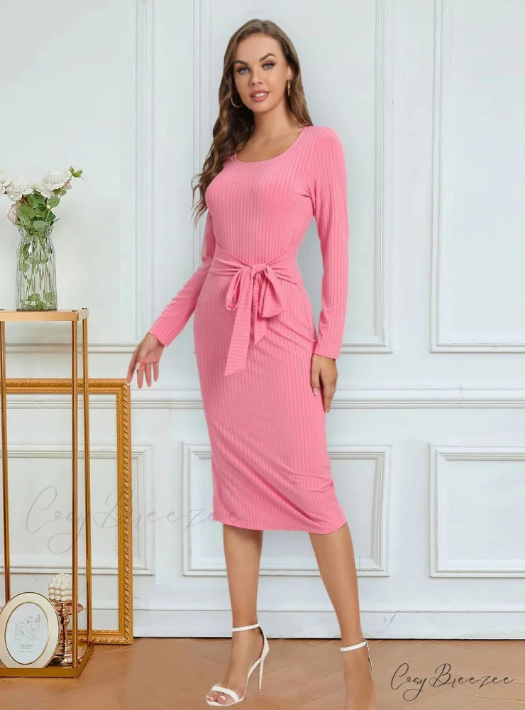 SPLIT PIT SOLID COLOR DRESS - LONG SLEEVED S / green
