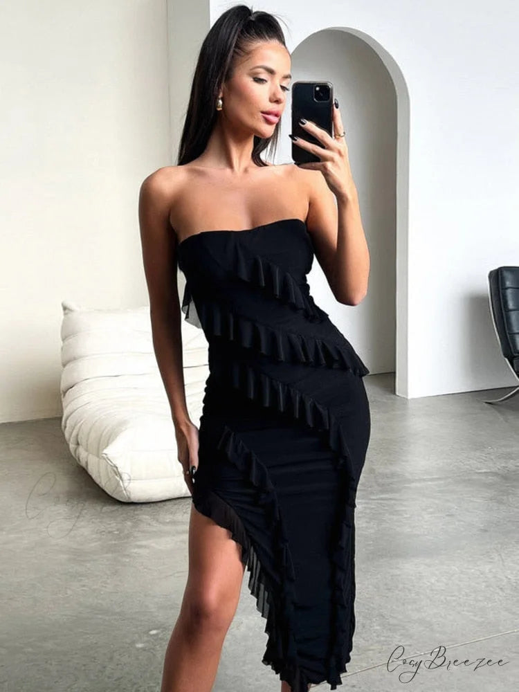 Split Strapless Full-Length Gown Ruffles - Sleeveless Elegant Women’s Off-shoulder Bodycon Clubwear Black / S