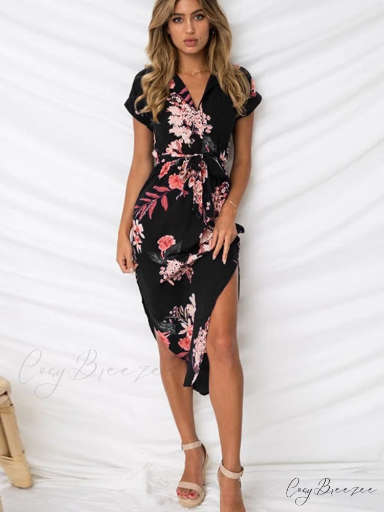 Split Women Party Flowered Midi Ruffles Bohemian V-Neck Casual Gown Gown Design Wrap Warm-Season Sexy Full-Length