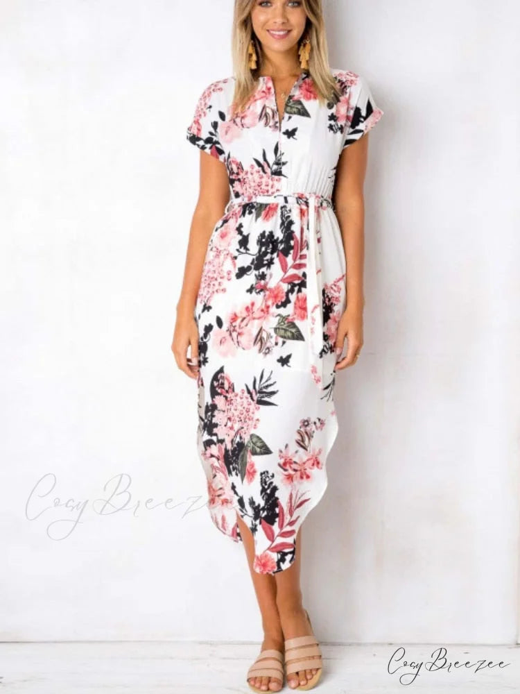 Split Women Party Flowered Midi Ruffles Bohemian V-Neck Casual Gown Gown Design Wrap Warm-Season Sexy Full-Length