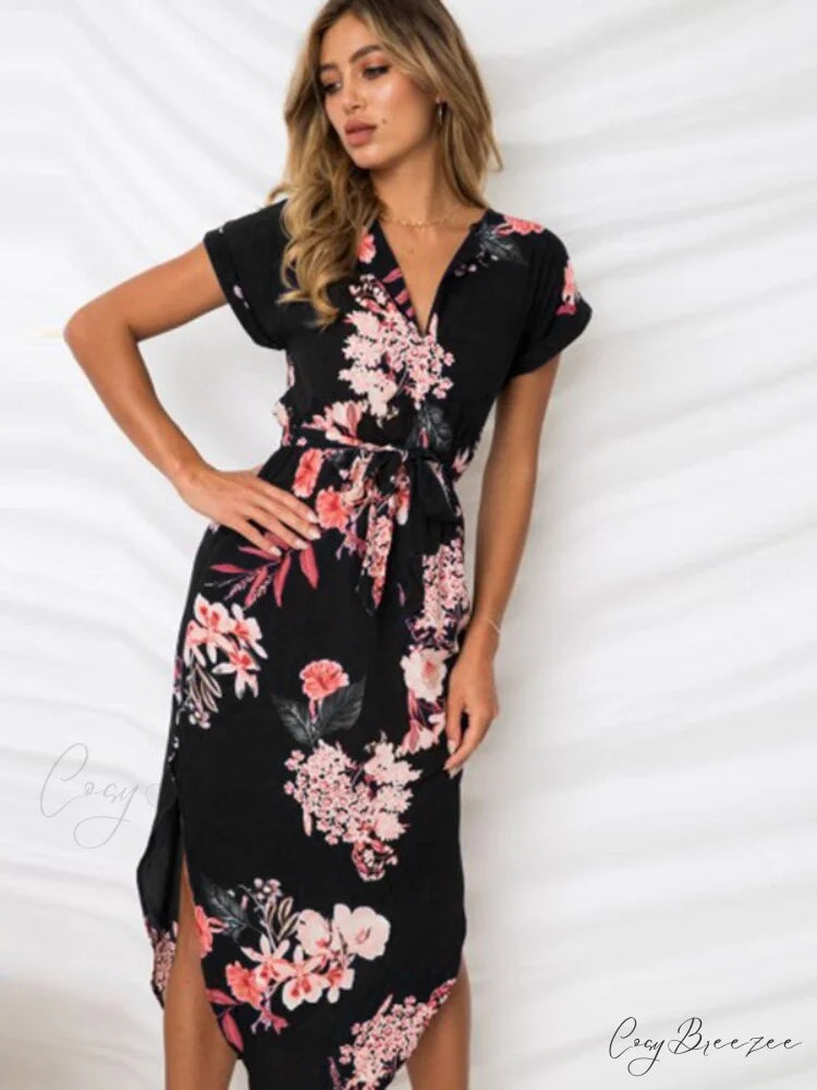 Split Women Party Flowered Midi Ruffles Bohemian V-Neck Casual Gown Gown Design Wrap Warm-Season Sexy Full-Length