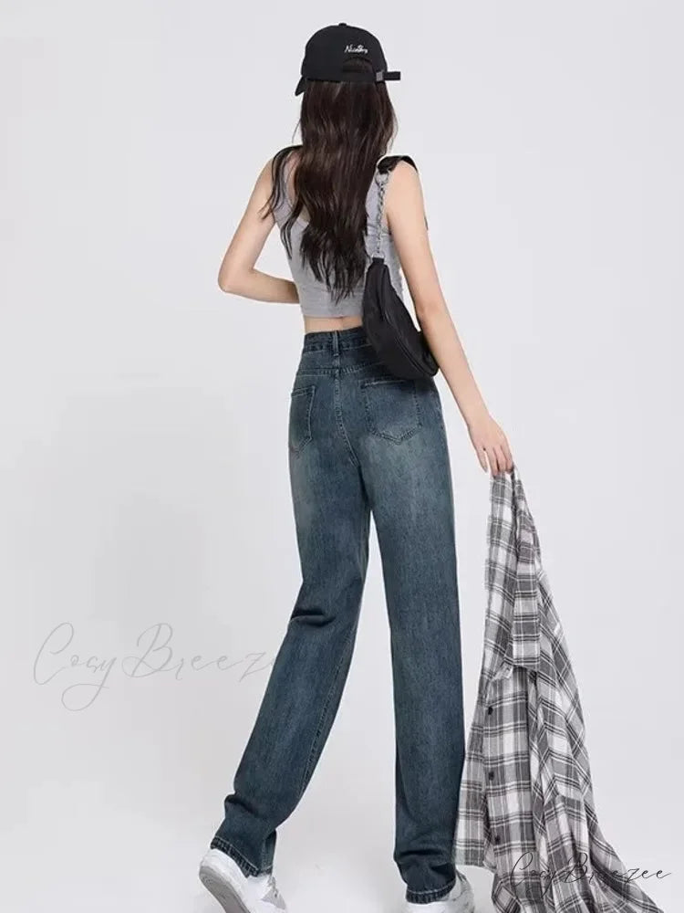 Spring and Autumn New Korean Version High-Waisted Slimming Retro Straight Jean