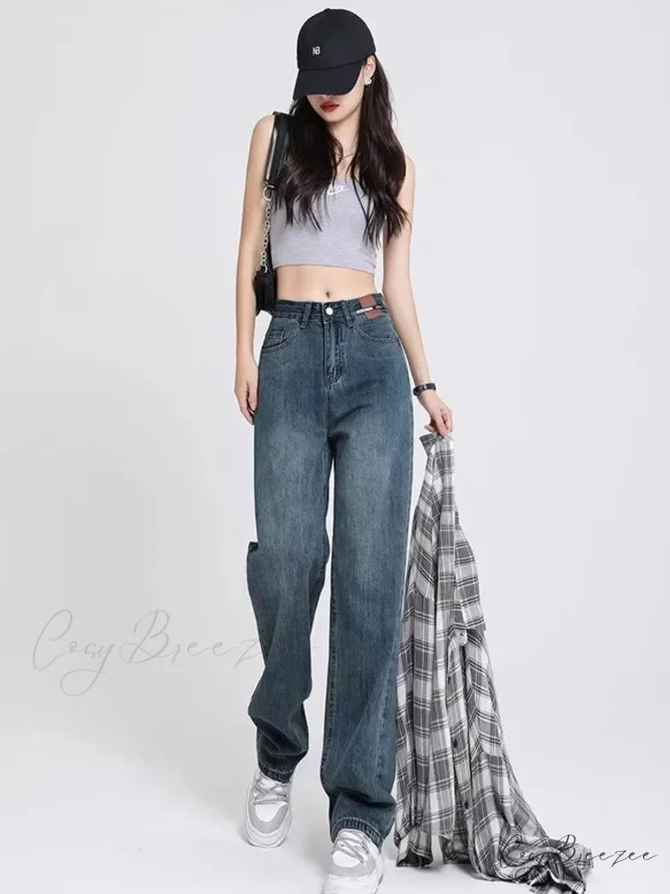Spring and Autumn New Korean Version High-Waisted Slimming Retro Straight Jean