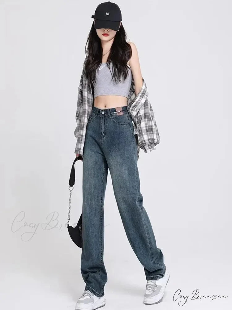 Spring and Autumn New Korean Version High-Waisted Slimming Retro Straight Jean