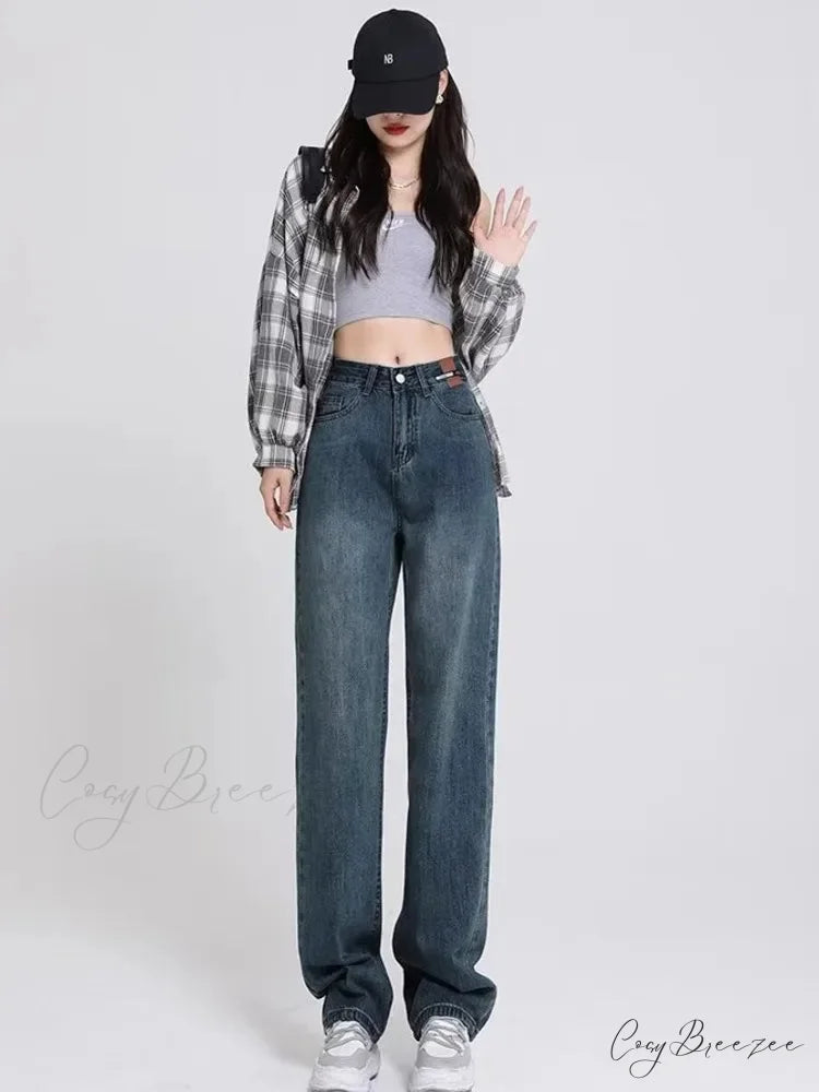 Spring and Autumn New Korean Version High-Waisted Slimming Retro Straight Jean