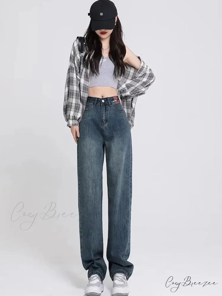 Spring and Autumn New Korean Version High-Waisted Slimming Retro Straight Jean