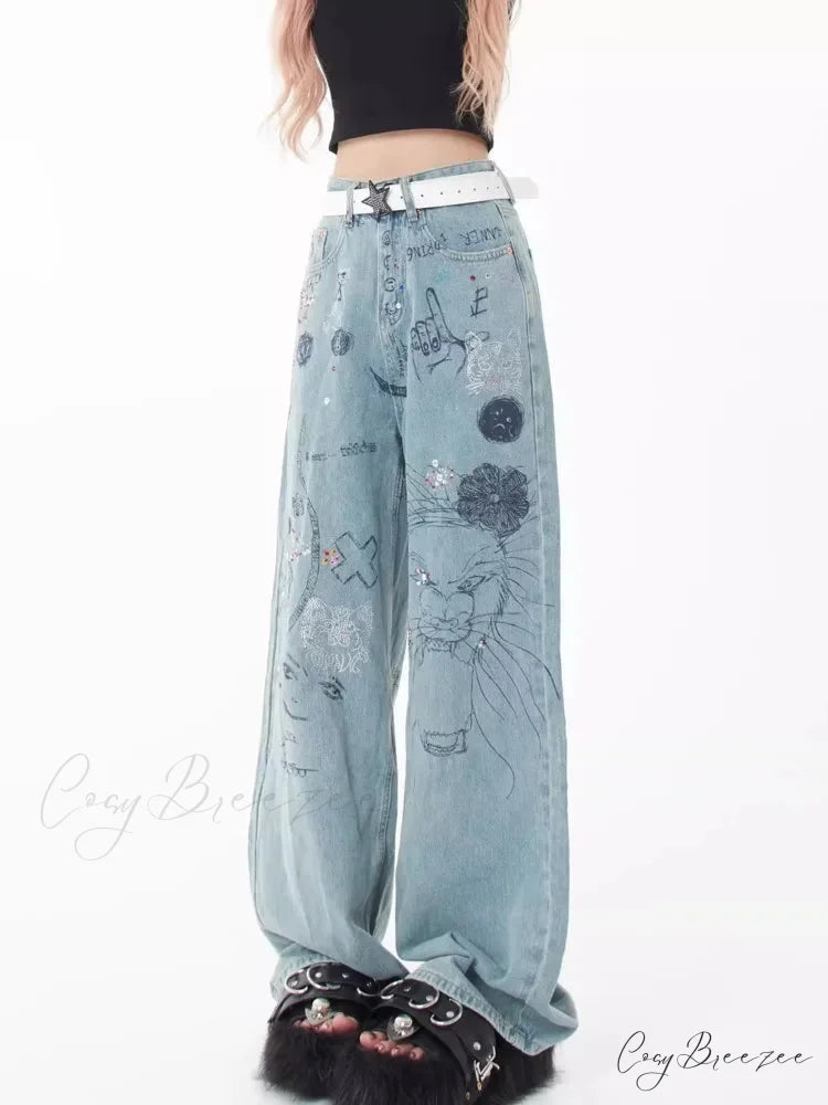 Spring and Autumn New Small Market Design Sense Personalized Print Graffiti Straight Women’s Jean