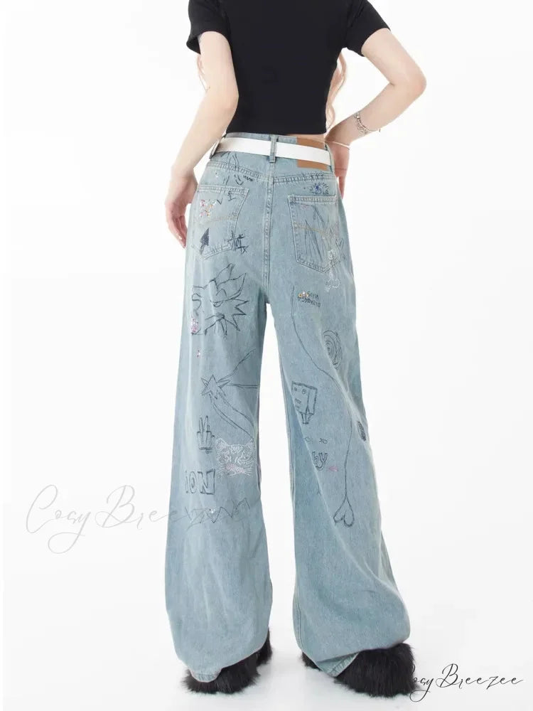 Spring and Autumn New Small Market Design Sense Personalized Print Graffiti Straight Women’s Jean