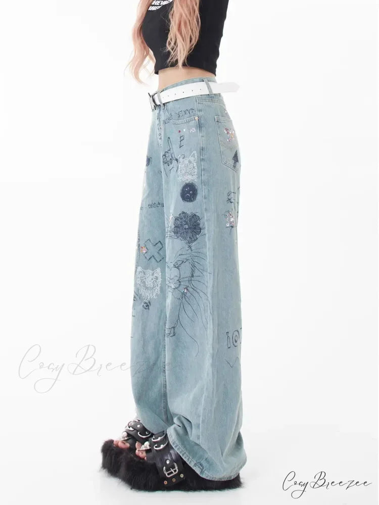 Spring and Autumn New Small Market Design Sense Personalized Print Graffiti Straight Women’s Jean