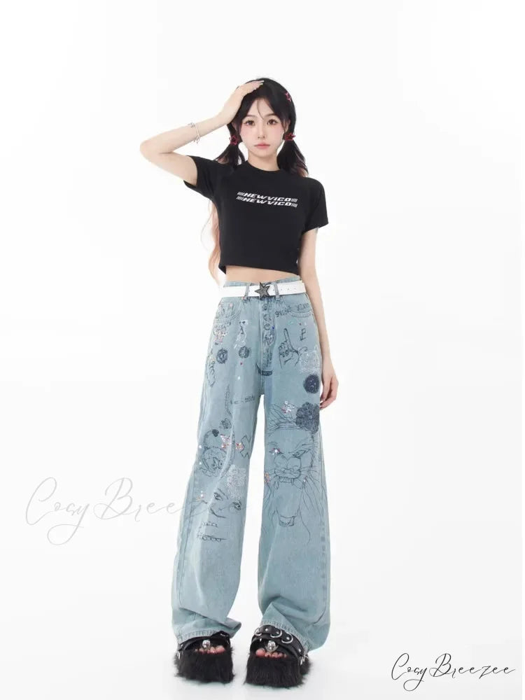 Spring and Autumn New Small Market Design Sense Personalized Print Graffiti Straight Women’s Jean