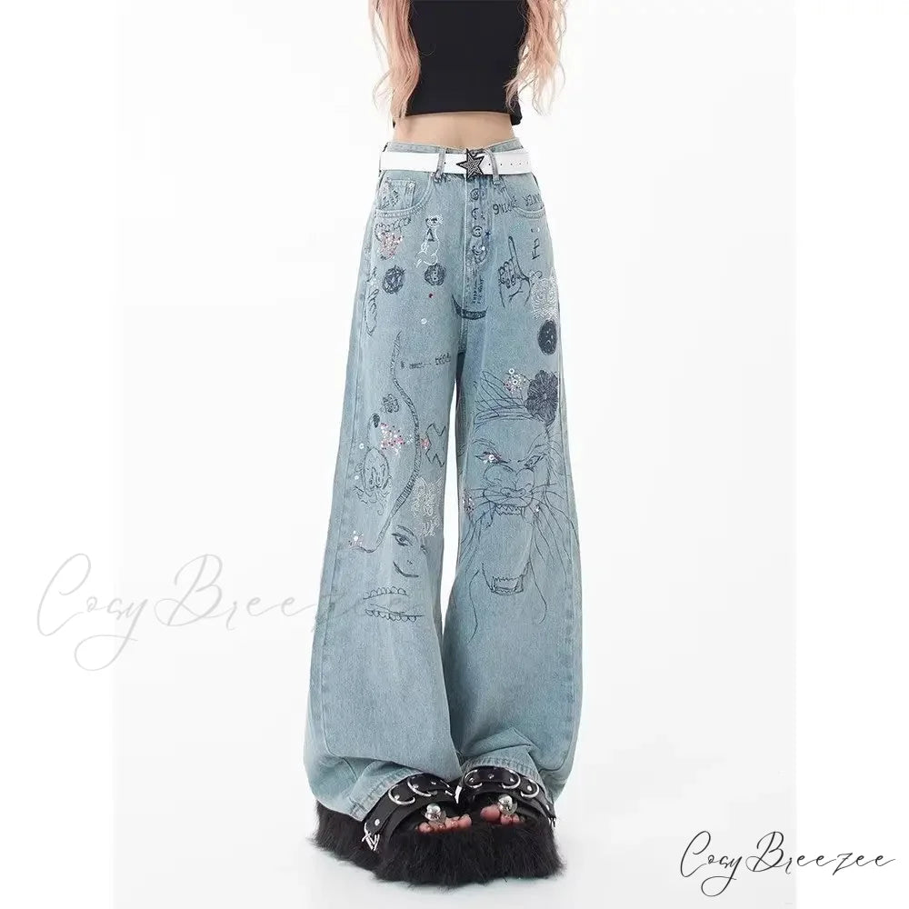 Spring and Autumn New Small Market Design Sense Personalized Print Graffiti Straight Women’s Jean