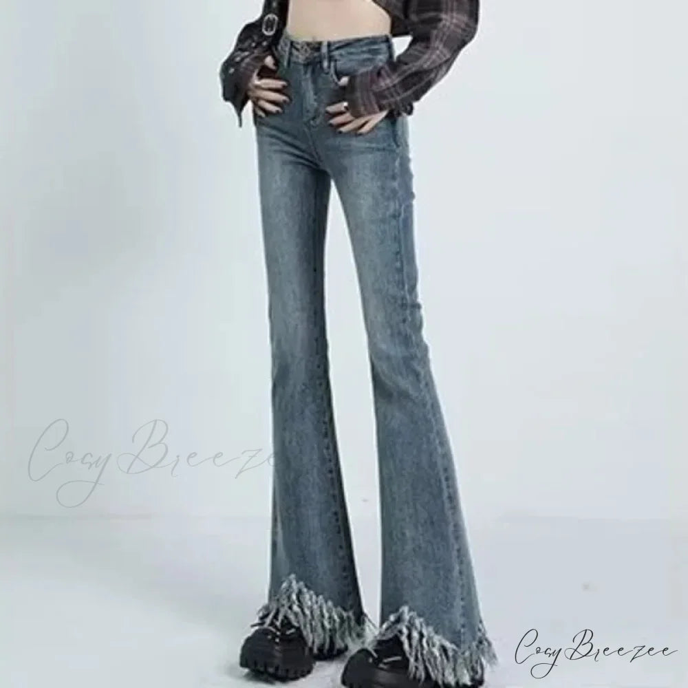 Spring And Autumn Vintage Blue Tassel Elastic Horseshoe Rugged Edge Micro Horn Jean Retro Blue / XS