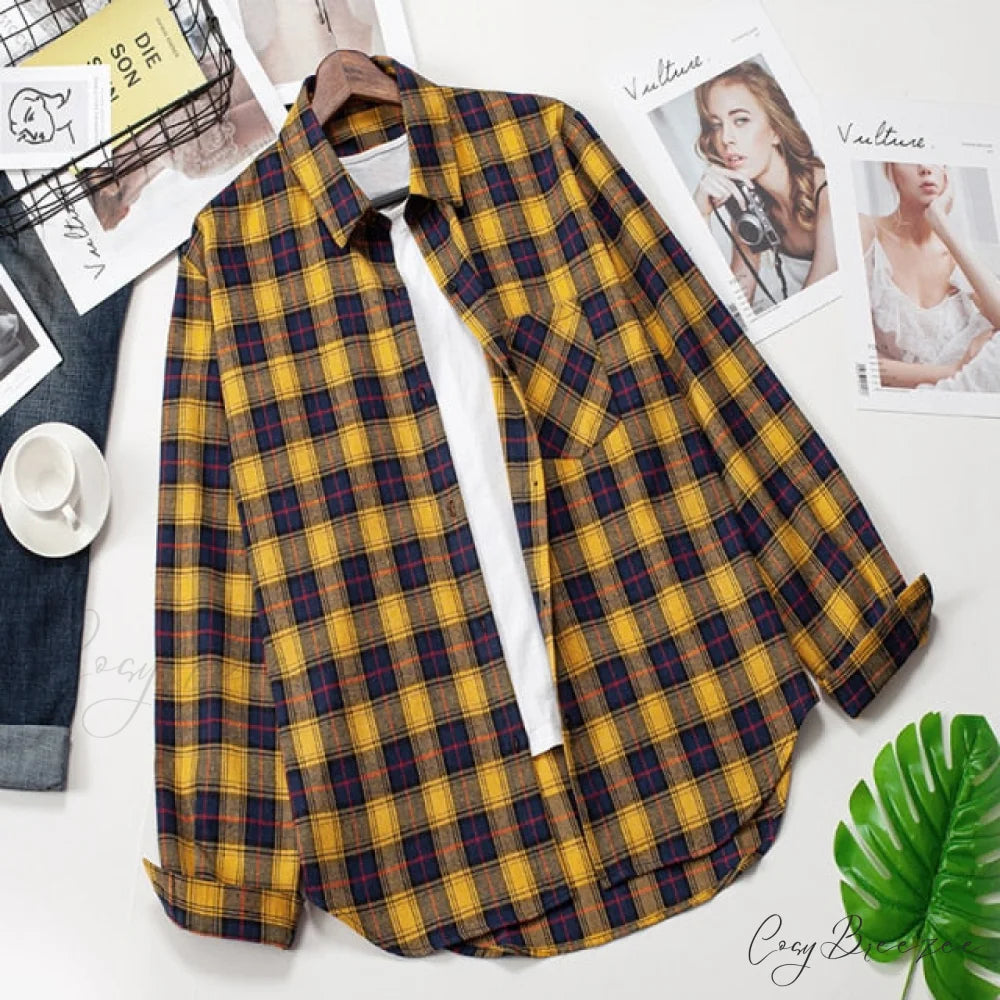 Spring Autumn Checked Blouses Loose Outwear Shirts Arm Long Casual Womens Tops Plaid News M / 10