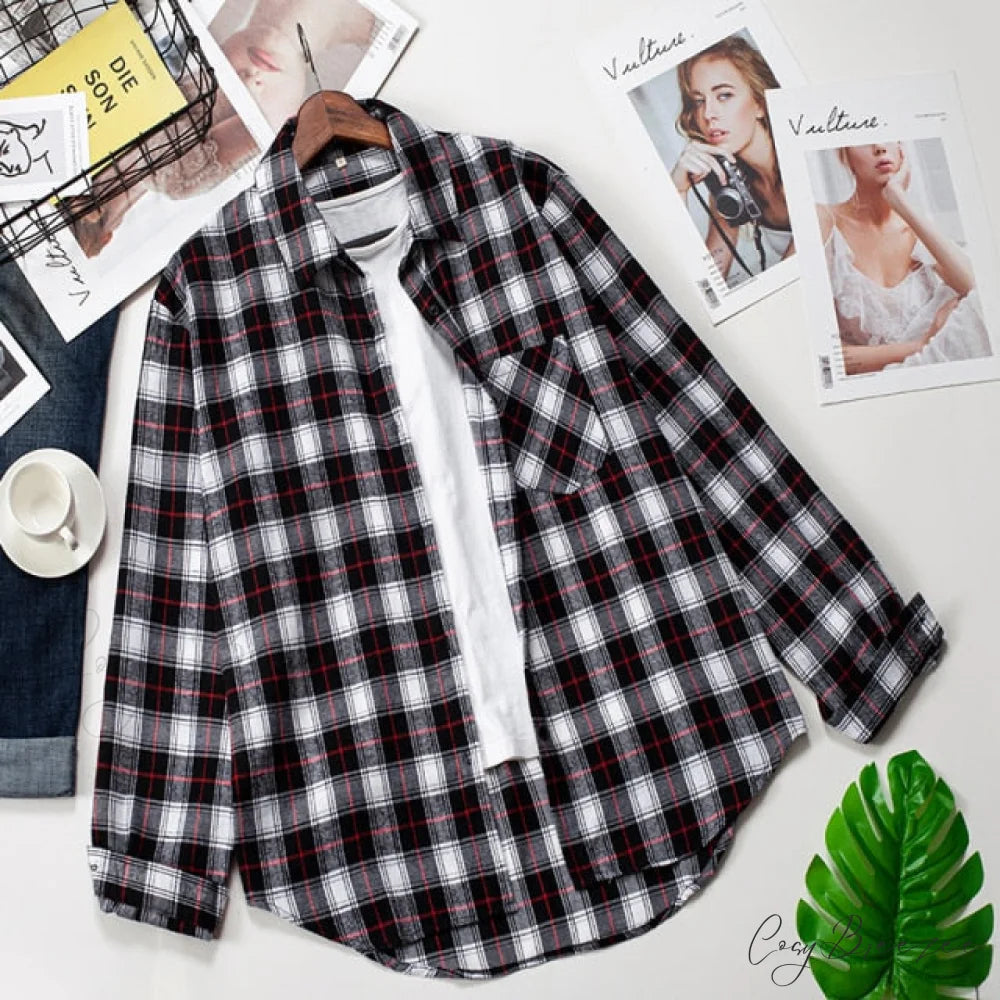 Spring Autumn Checked Blouses Loose Outwear Shirts Arm Long Casual Womens Tops Plaid News M / 12