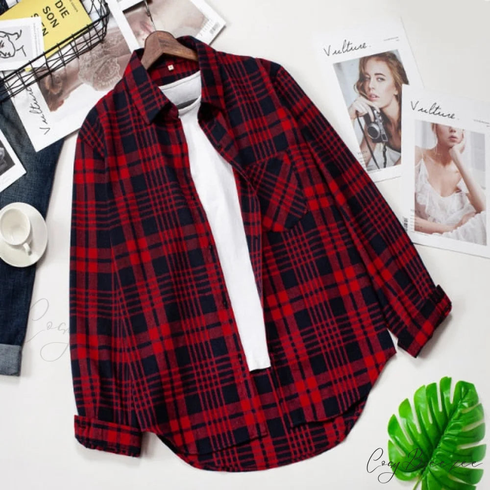 Spring Autumn Checked Blouses Loose Outwear Shirts Arm Long Casual Womens Tops Plaid News M / 13