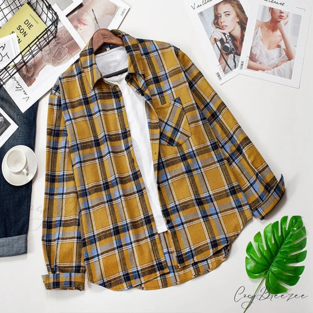 Spring Autumn Checked Blouses Loose Outwear Shirts Arm Long Casual Womens Tops Plaid News M / 14