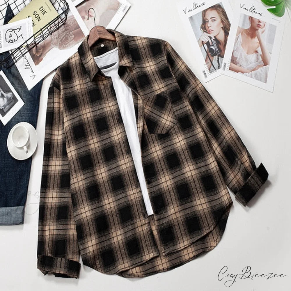 Spring Autumn Checked Blouses Loose Outwear Shirts Arm Long Casual Womens Tops Plaid News M / 15
