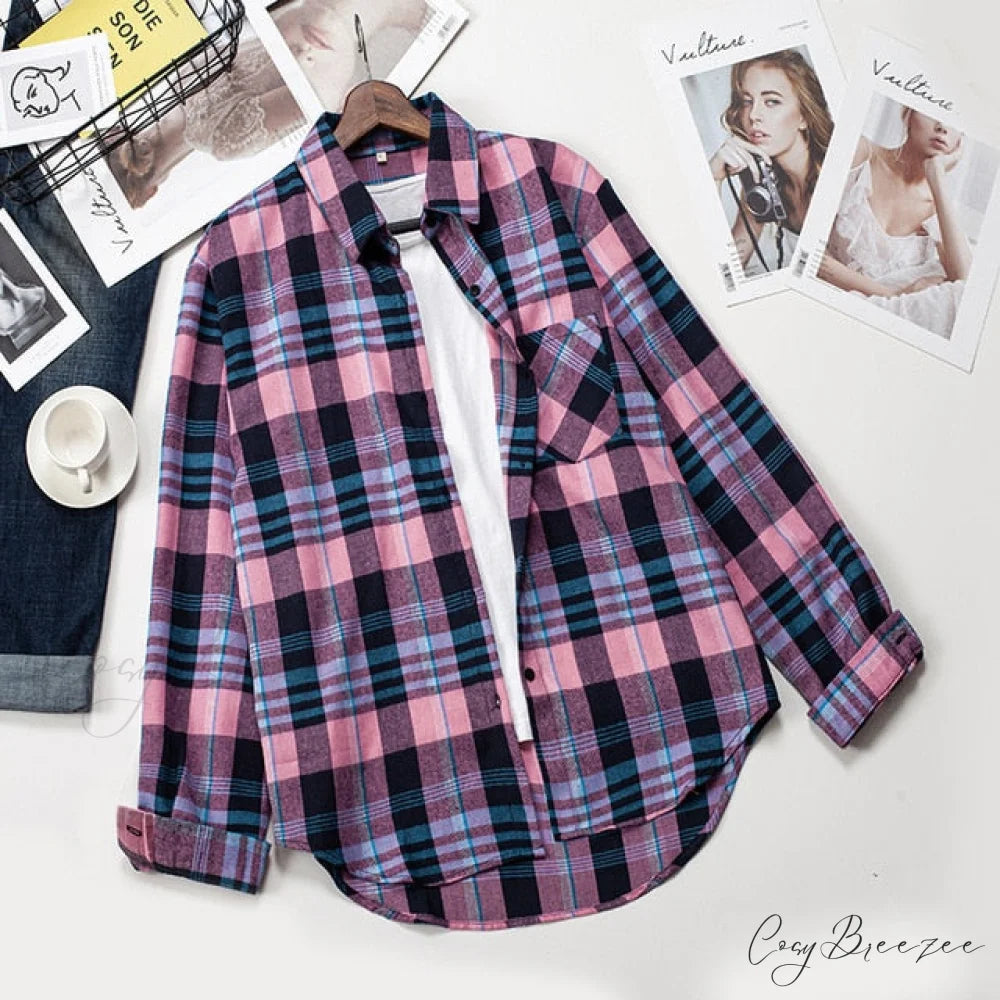 Spring Autumn Checked Blouses Loose Outwear Shirts Arm Long Casual Womens Tops Plaid News M / 16