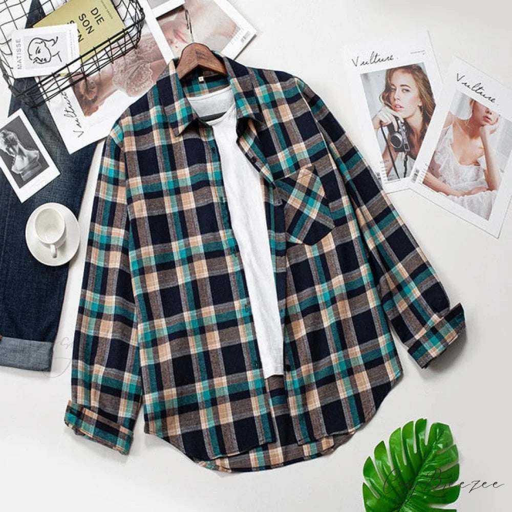 Spring Autumn Checked Blouses Loose Outwear Shirts Arm Long Casual Womens Tops Plaid News M / 17