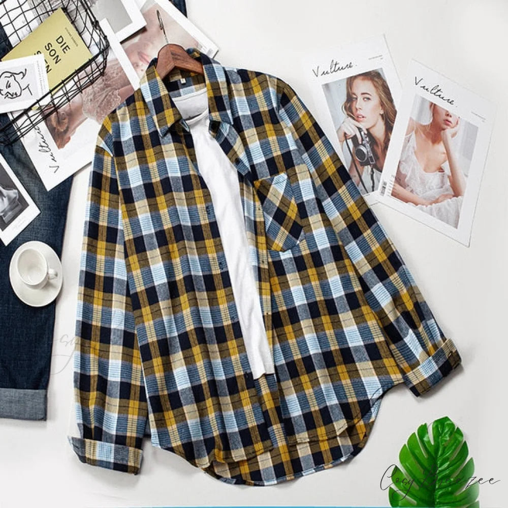 Spring Autumn Checked Blouses Loose Outwear Shirts Arm Long Casual Womens Tops Plaid News M / 18