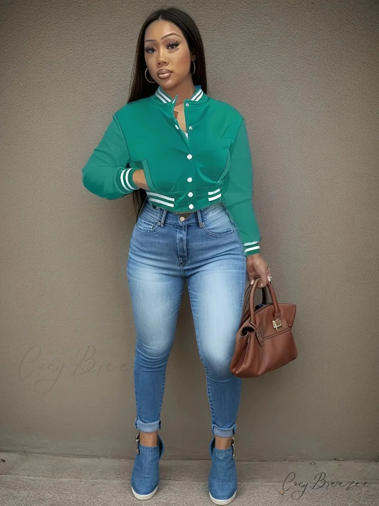 Spring Autumn European Pure Color Single-breasted Baseball Stylish Coat Mint Green / S