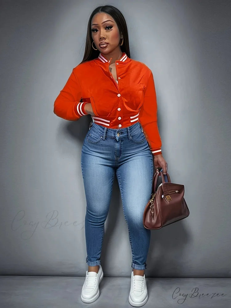 Spring Autumn European Pure Color Single-breasted Baseball Stylish Coat Orange / S