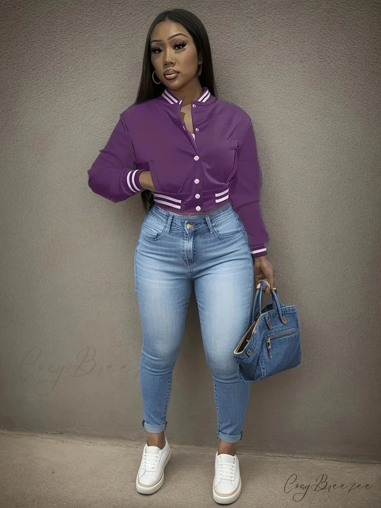 Spring Autumn European Pure Color Single-breasted Baseball Stylish Coat PURPLE / S