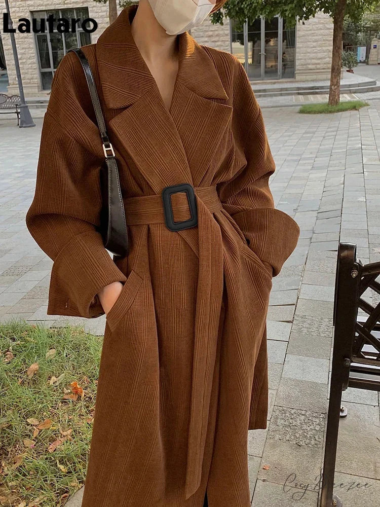 Spring Autumn Long Brown Black Striped Oversized Luxury Designer Runway Fashion 2024 Stylish Coat Brown / S